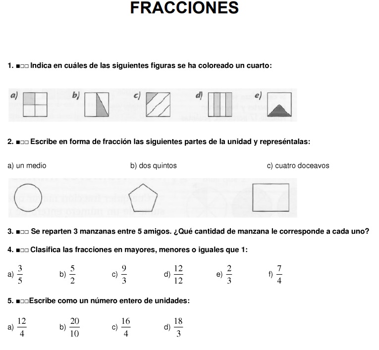 Ejercicios de fracciones para primaria 11 Ejercicios mentales de refuerzo con fracciones