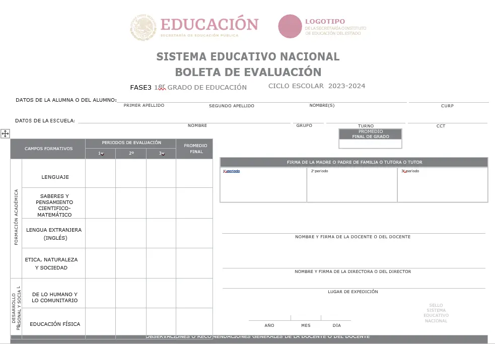 Formato de boleta de calificaciones en Word
