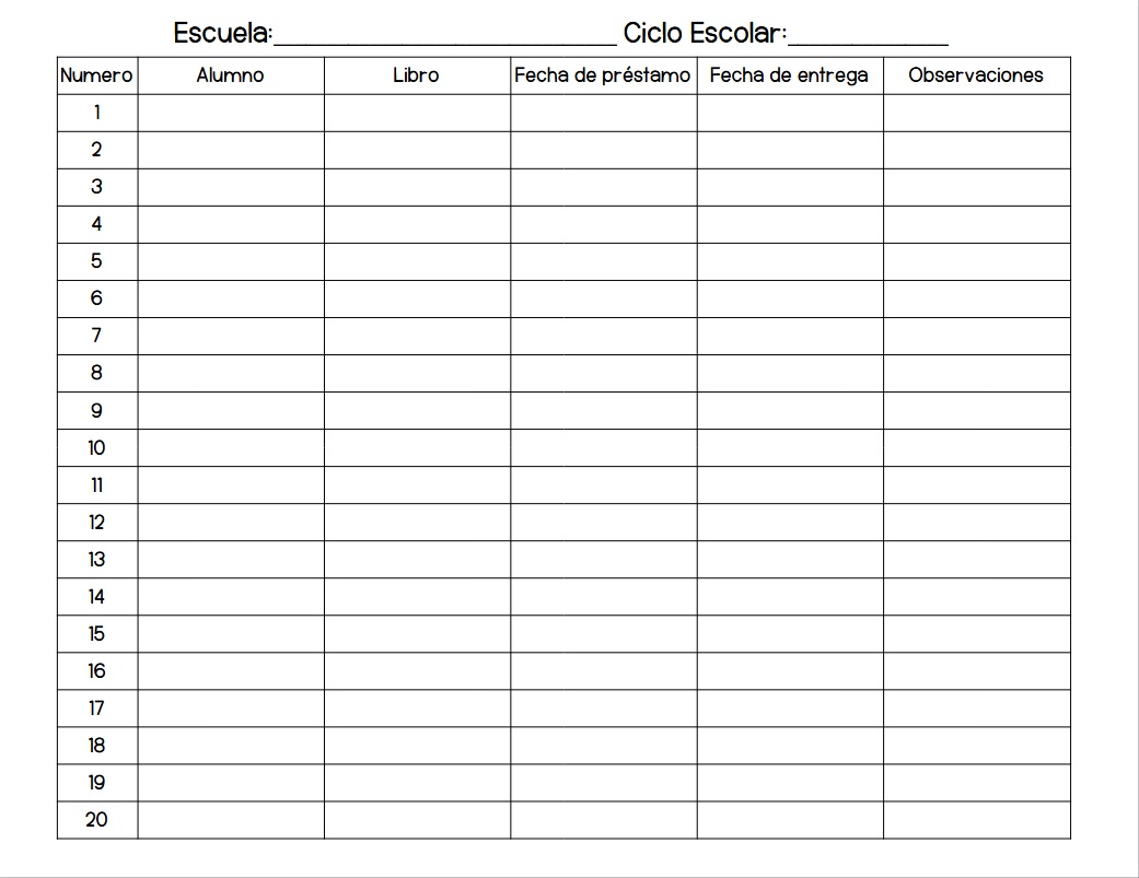 formato para el control de libros de la biblioteca escolar