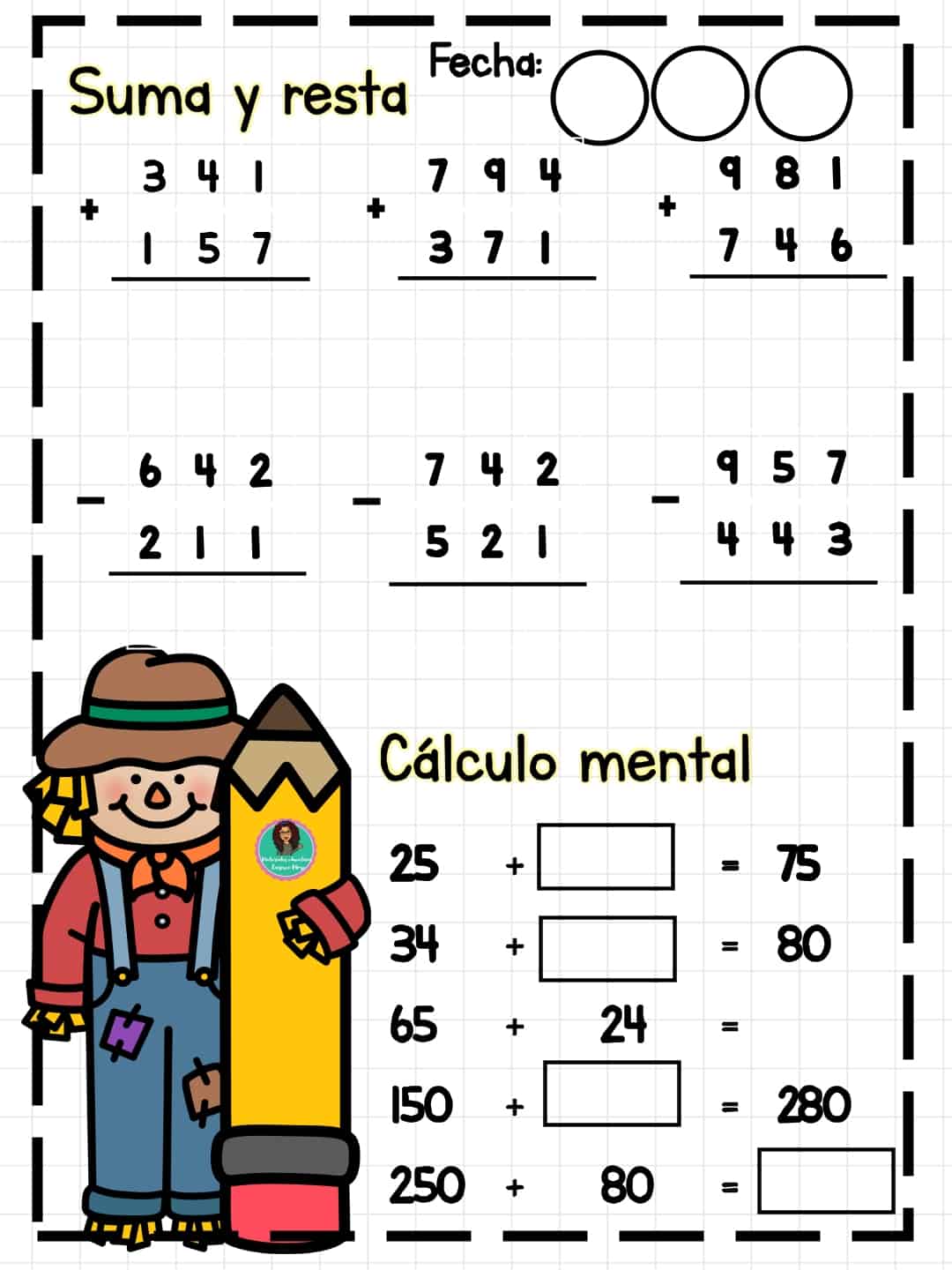 Ejercicios de suma y resta/multiplicaciones y problemas matemáticos