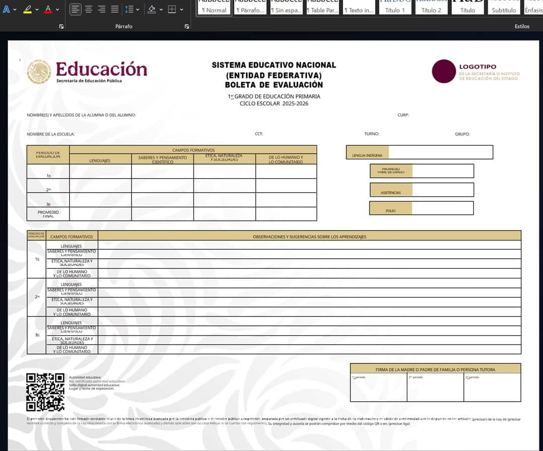 Formato de boleta de calificaciones Editables